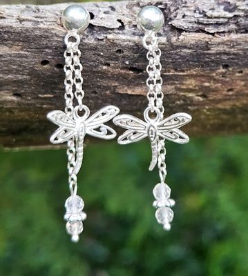 Clous d'oreilles libellule et cristal en argent 925