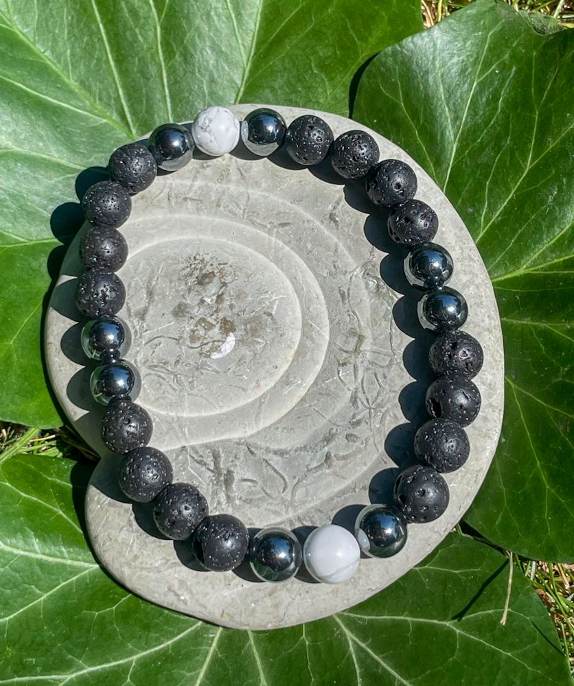 Bracelet en Howlite, Lave et Hématite 8 mm (homme)