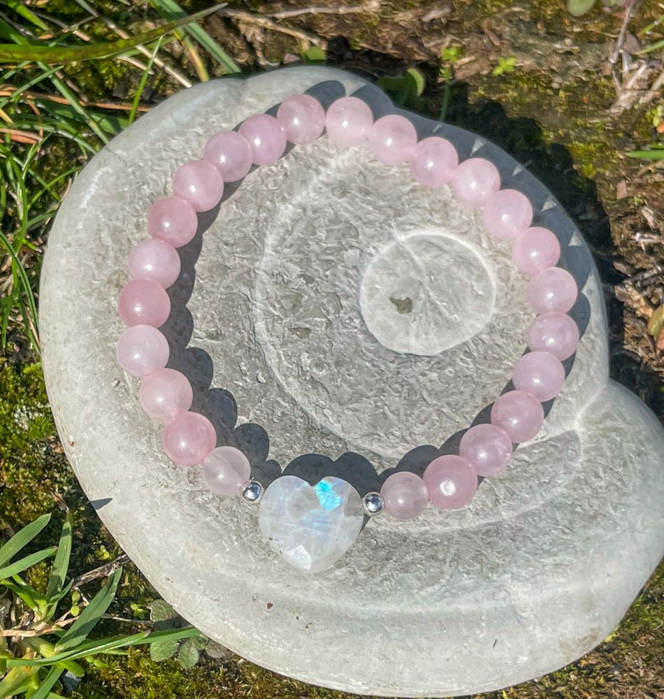 Bracelet en Quartz rose, Cœur en pierre de lune