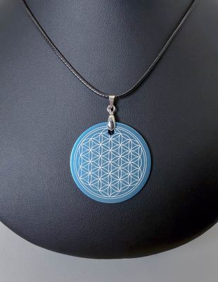 Pendentif plaque Tesla Fleur de vie bleu clair