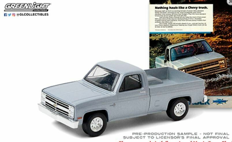 Greenlight 1:64 Vintage Ad Cars Series 3 - 1985 Chevrolet Truck “Nothing hauls like a Chevy truck” (Silver) Greenlight 1:64 Vintage Ad Cars Series 3 - 1985 Chevrolet Truck “Nothing hauls like a Chevy truck” (Silver)