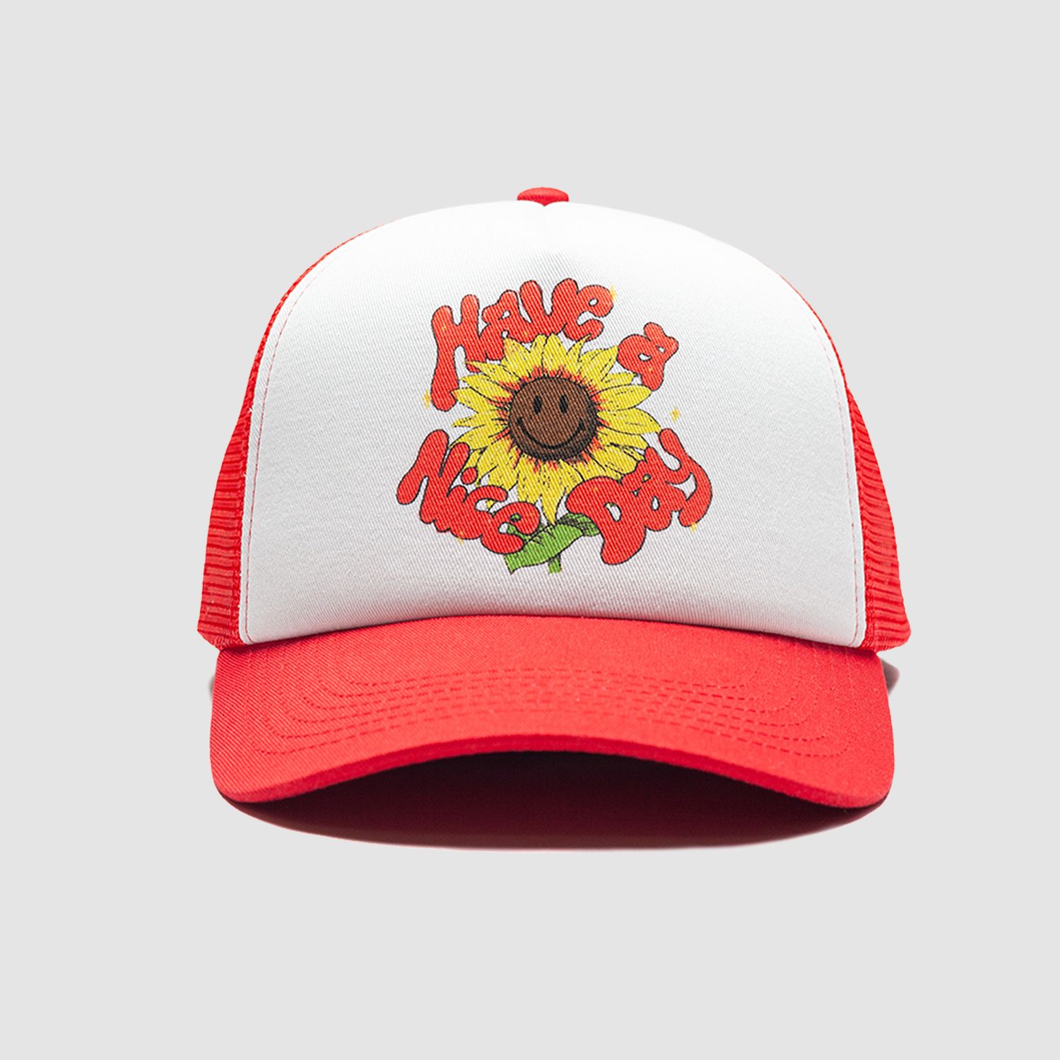 Smiley Sunflower Trucker Hat Red/White