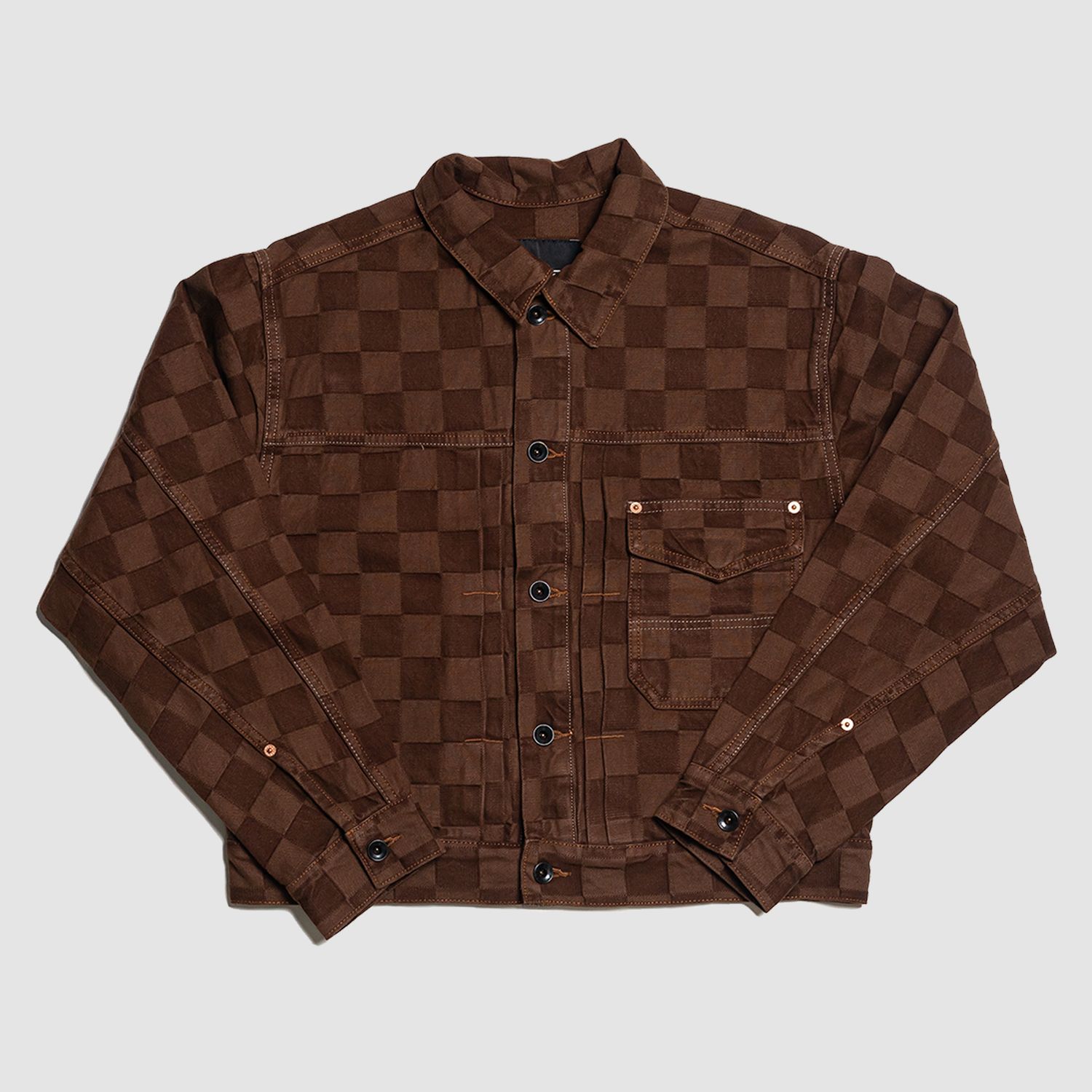 Check 5 Checkerboard Denim Trucker Jacket Brown