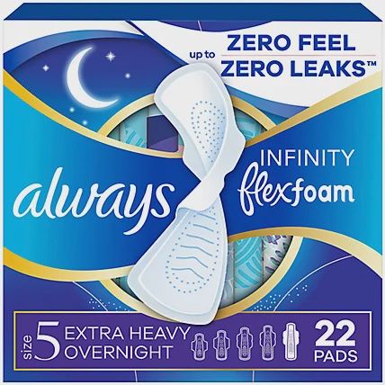 Always Infinity Flex Foam Extra Heavy Overnight Pad with Wings, Size 5, 22-Pack