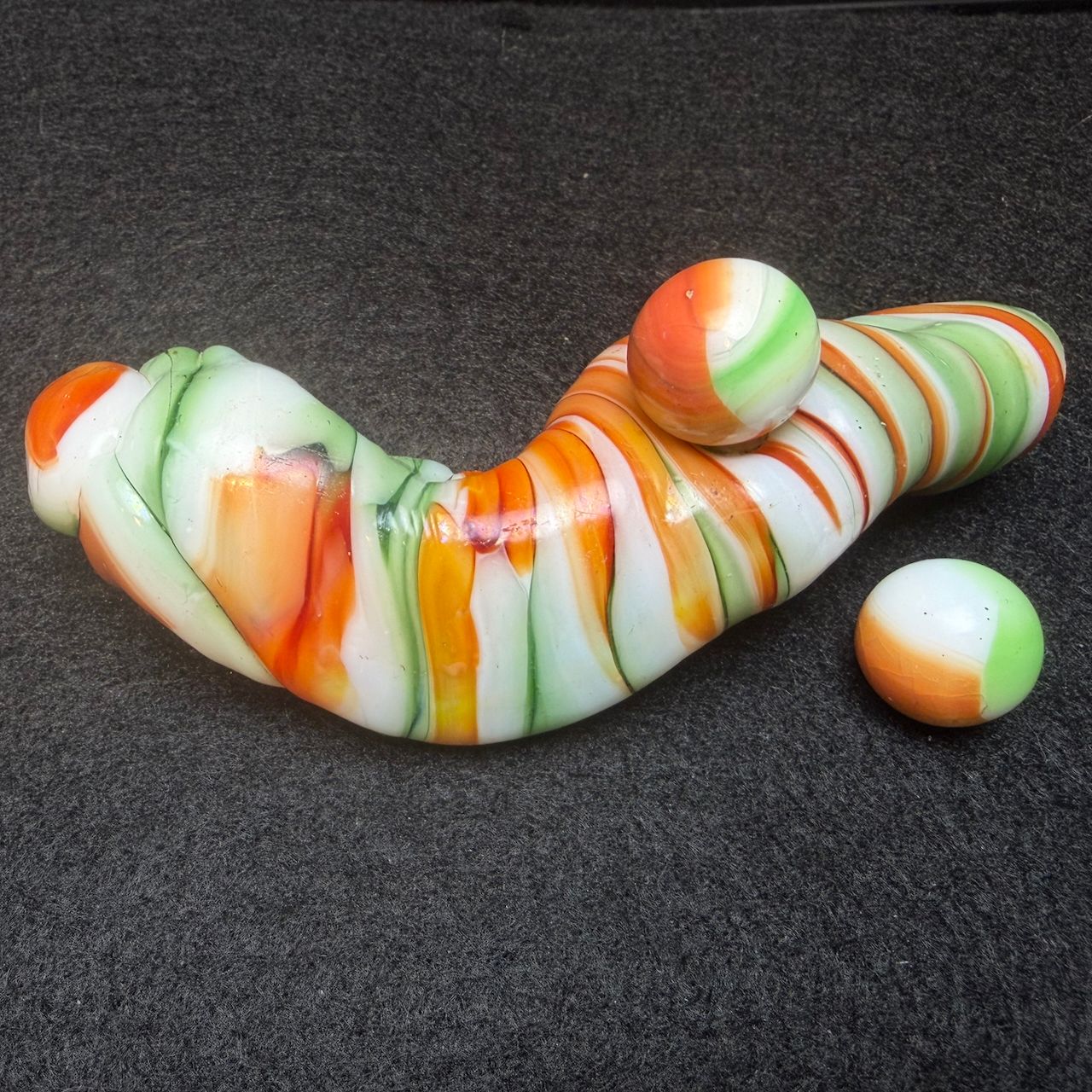 MARBLE KING, Glass Cullet and 2 Dug MK Marbles. Display Ready.