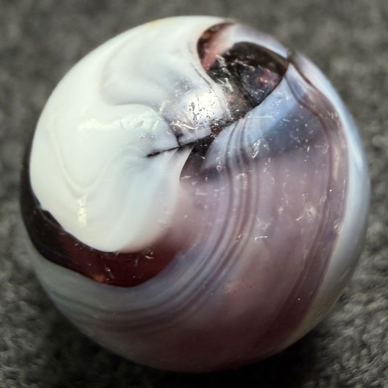 MFC Early Slag Marble – 5/8” – White Base with Purple – Vintage