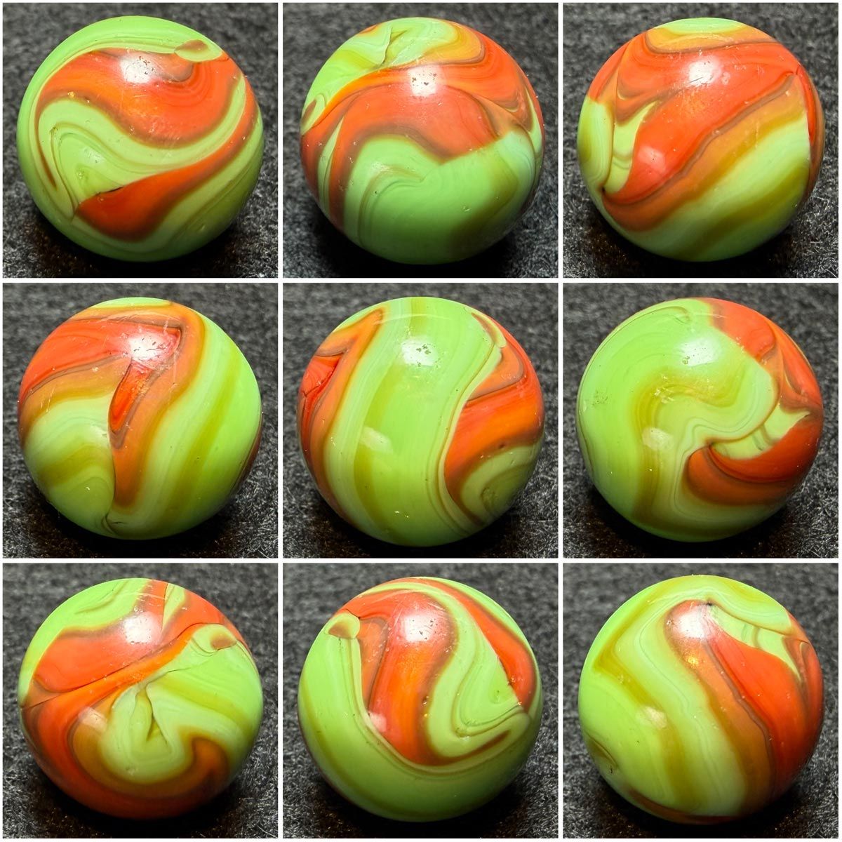 CHRISTENSEN AGATE CO, Green Base Red Swirl. Shooter Marble. 11/16" #106