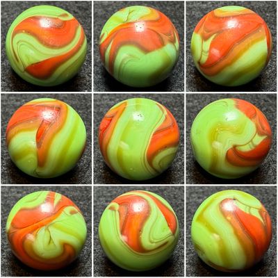 CHRISTENSEN AGATE CO, Green Base Red Swirl. Shooter Marble. 11/16" #106