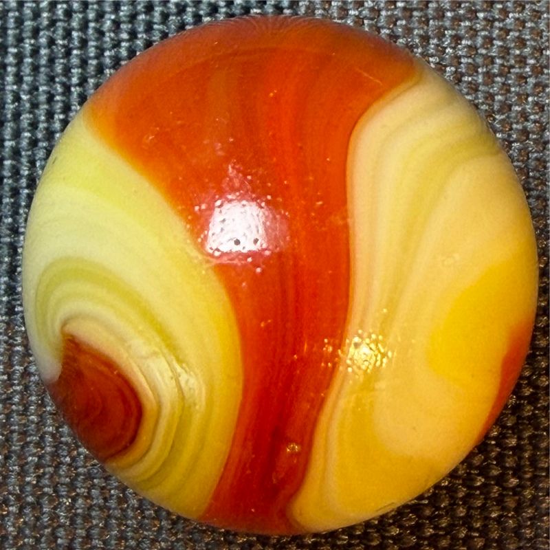 Akro Agate Corkscrew Shooter .92” Red Cream Yellow. Mint