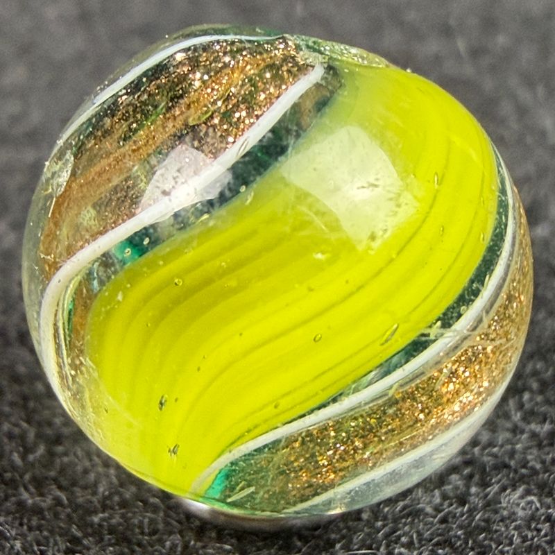 GERMAN RIBBON LUTZ Marble, Emerald Green & Yellow, 9/16", Near Mint+ (8.9)