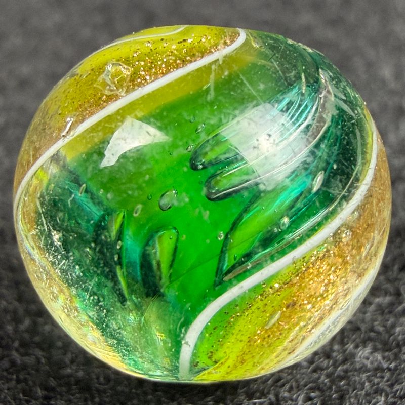 GERMAN RIBBON LUTZ Marble, Emerald Green & Yellow, 9/16", Near Mint+ (8.9)