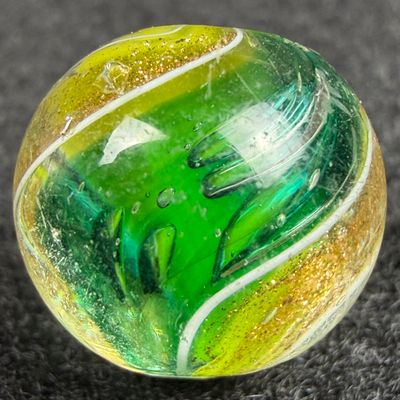 GERMAN RIBBON LUTZ Marble, Emerald Green & Yellow, 9/16", Near Mint+ (8.9)