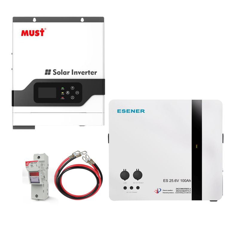 3kW Must Hybrid Inverter &amp; 2.56kWh Esener Lithium Ion Battery (100Ah)