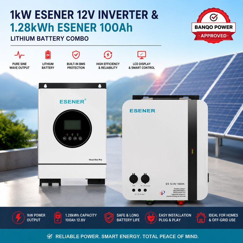 1kW Esener 12V Inverter &amp; 1.28kWh Esener 100Ah Lithium Battery Combo