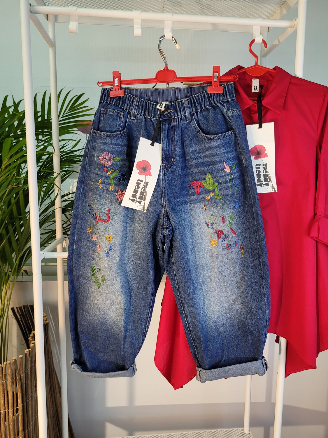 Jeansy barrel ciemne hafty