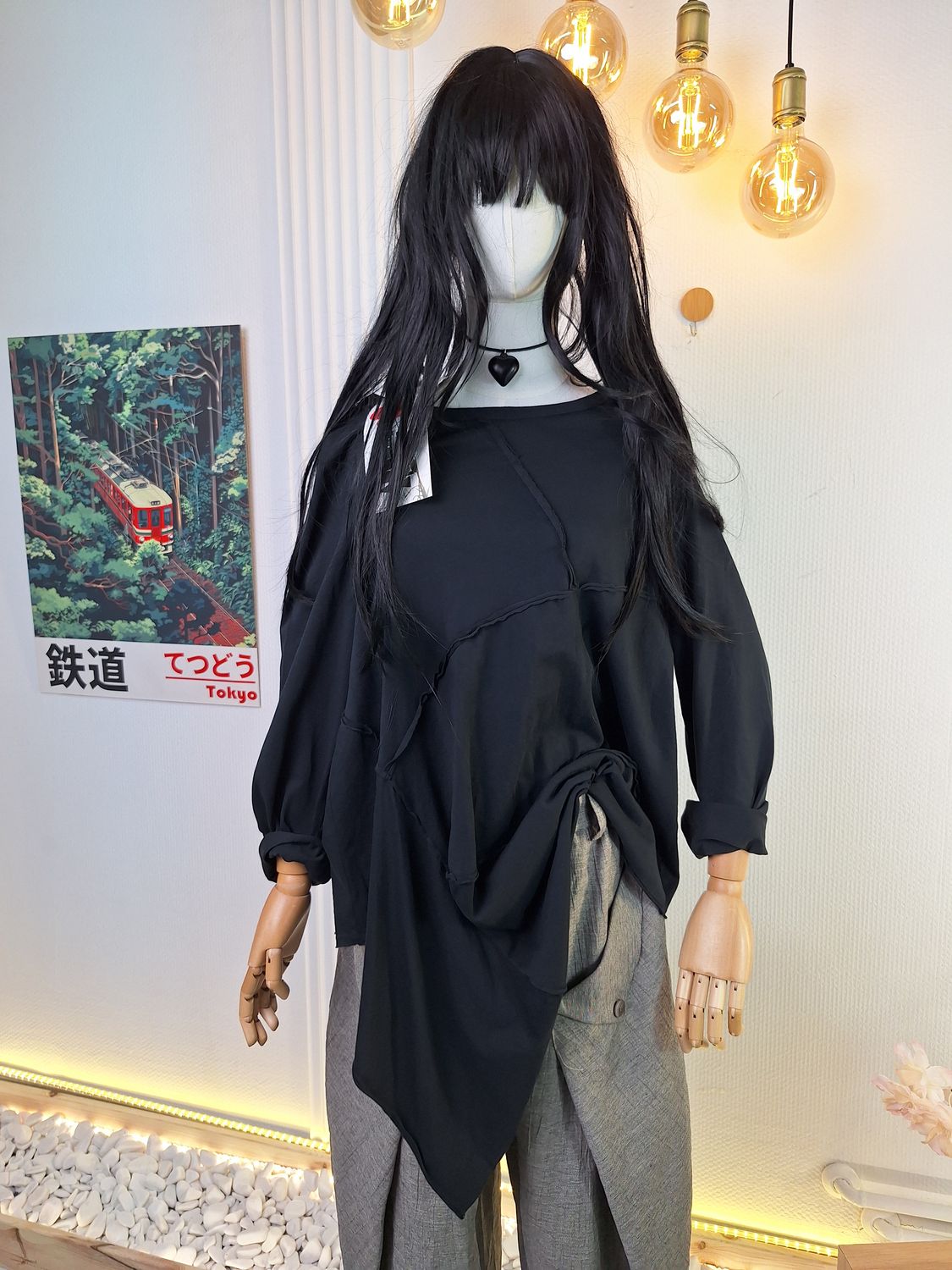 Wendy Trendy Blouse with Raw Seams and Asymmetric Hem in Black