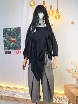 Wendy Trendy Blouse with Raw Seams and Asymmetric Hem in Black