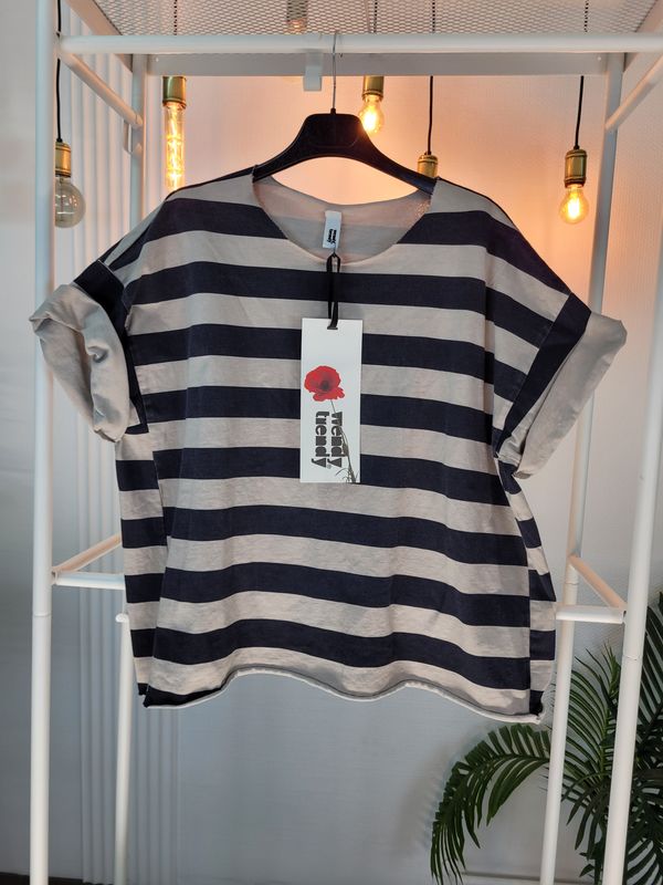 Bluzka t-shirt oversize w paski grafit beż Wendy Trendy