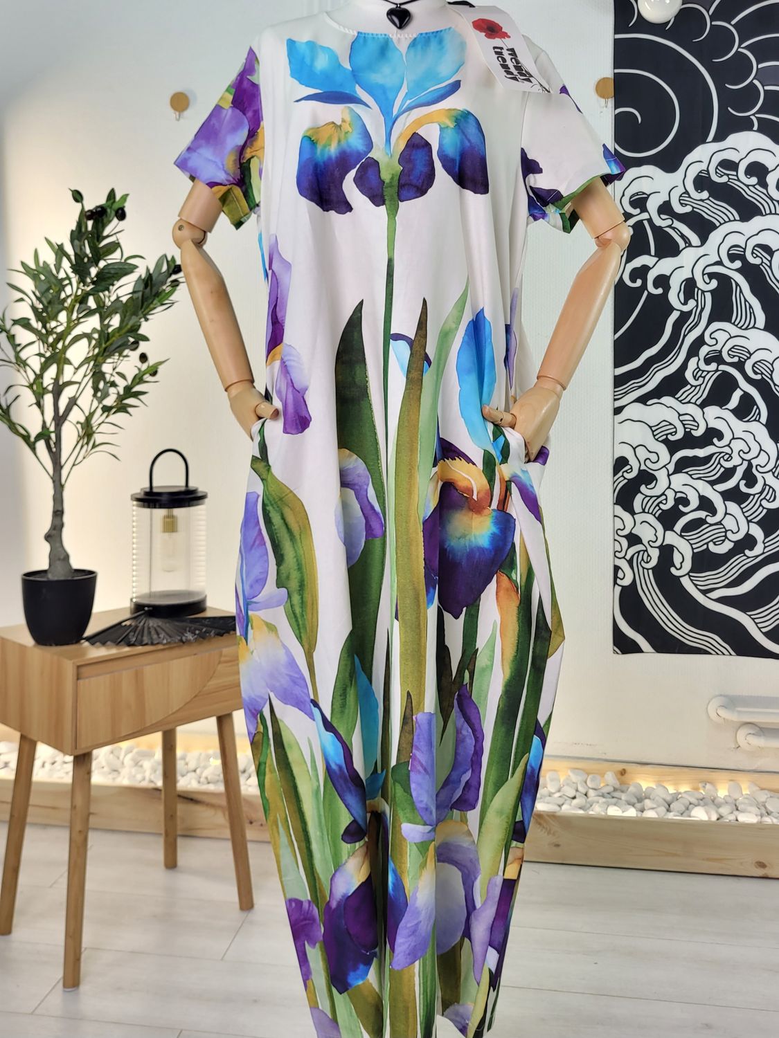 Maxi Dress with Watercolor Irises - Wendy Trendy