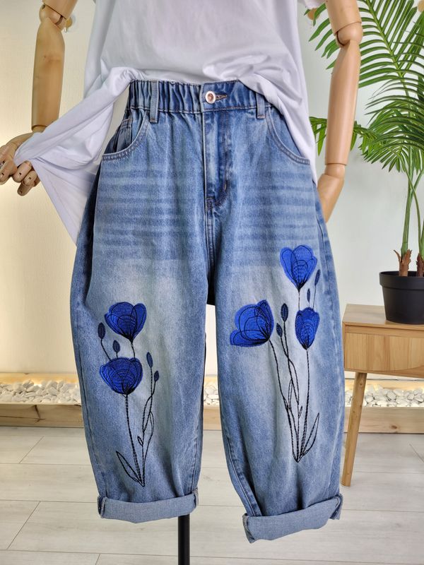 Jeansy baggy haftowane maki Wendy Trendy niebieskie
