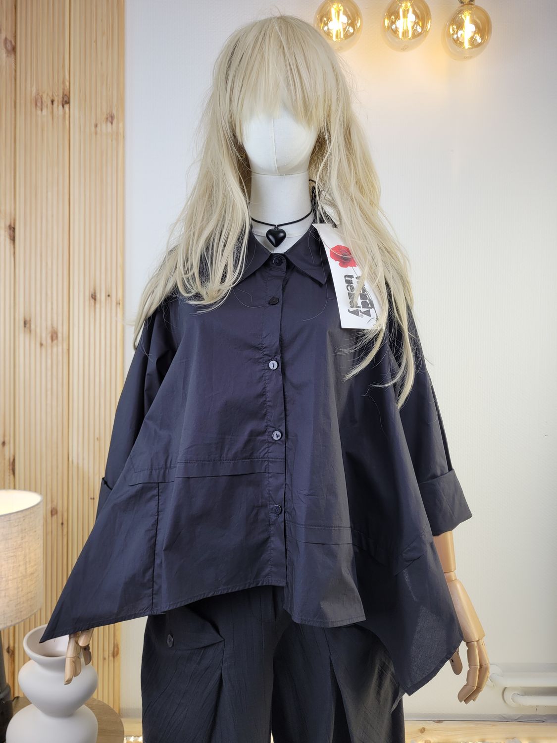 Black Asymmetric Shirt with Decorative Stitching – Wendy Trendy