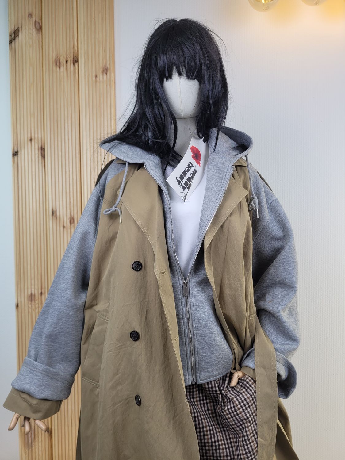 Beige Long Designer Coat with Hood and Double Sleeves – Wendy Trendy