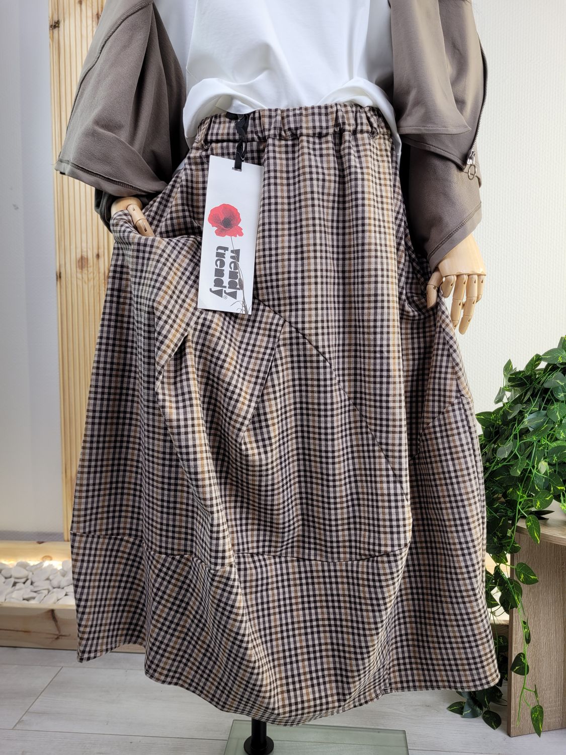 Long Plaid Skirt with Decorative Stitching - Wendy Trendy