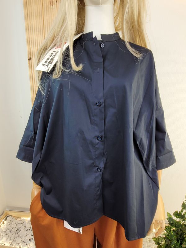 Navy Blue Oversized Cotton Shirt with Korean Collar - Wendy Trendy