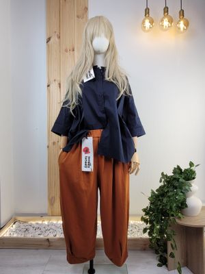 Navy Blue Oversized Cotton Shirt with Korean Collar - Wendy Trendy