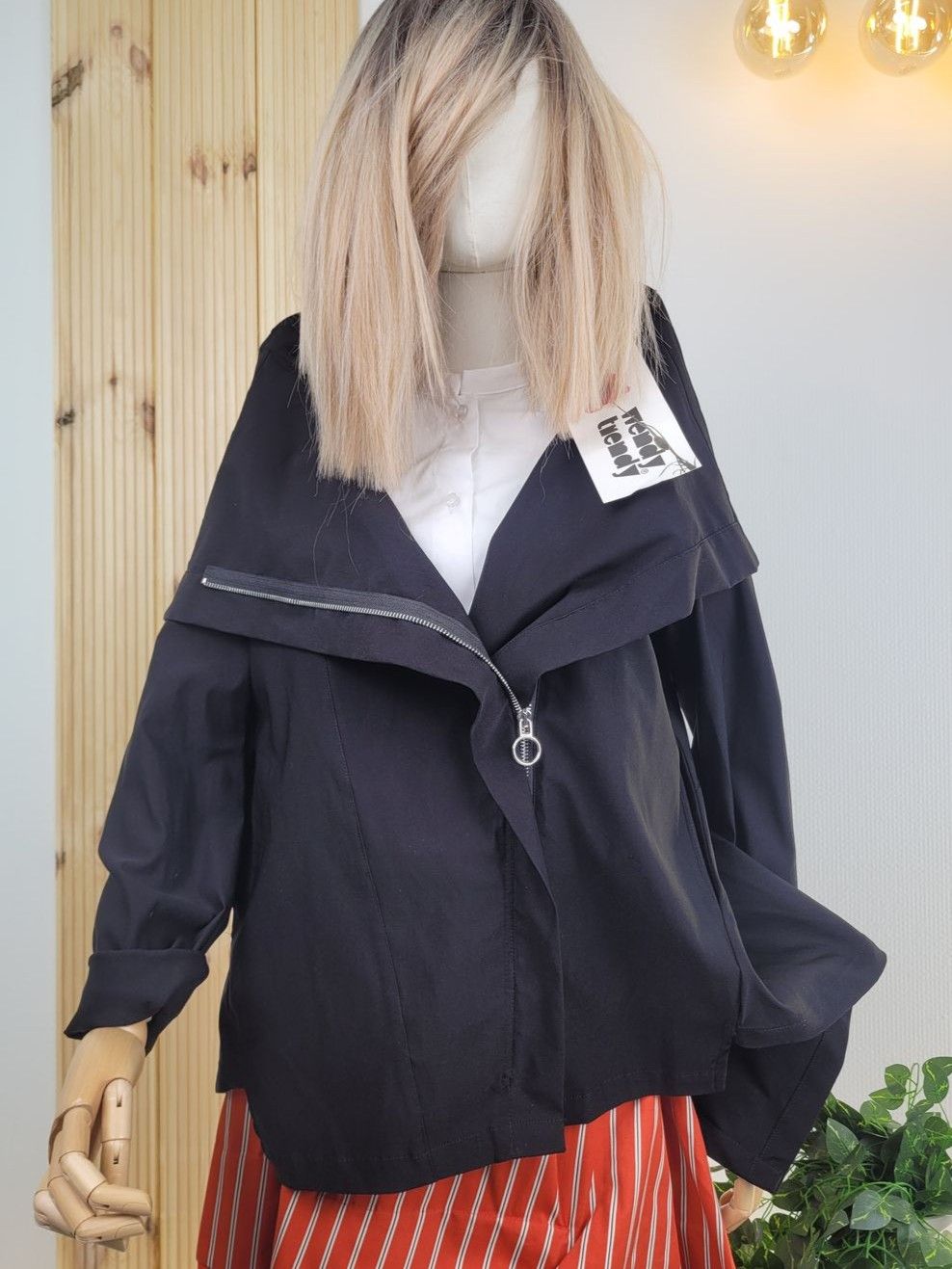 Black Elastic Transitional Jacket with Asymmetric Zipper - Wendy Trendy