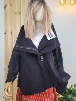 Black Elastic Transitional Jacket with Asymmetric Zipper - Wendy Trendy