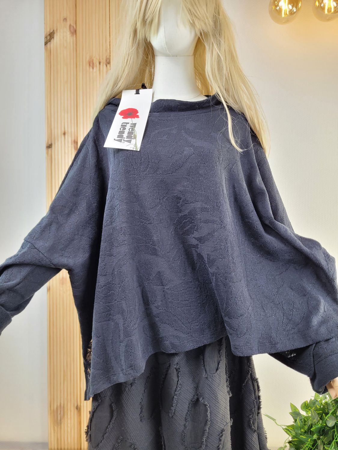 Black Asymmetric Oversized Sweater with Decorative Pattern - Wendy Trendy