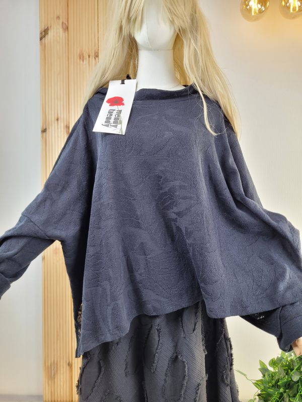 Black Asymmetric Oversized Sweater with Decorative Pattern - Wendy Trendy