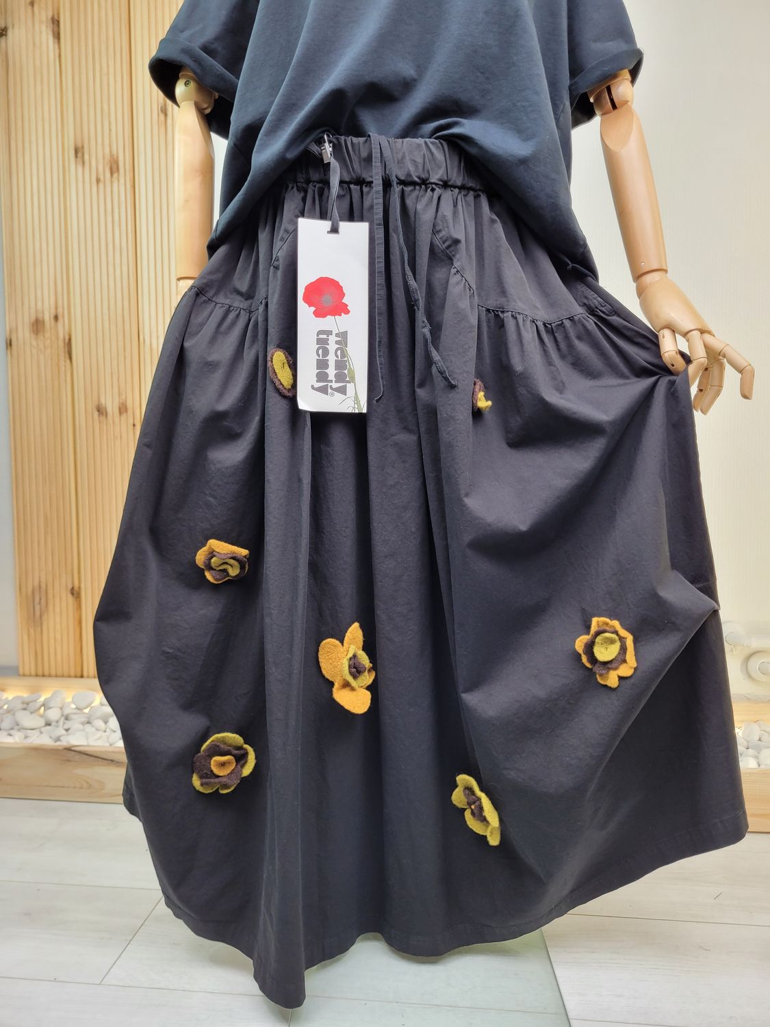Black Maxi Skirt with 3D Flowers - Wendy Trendy