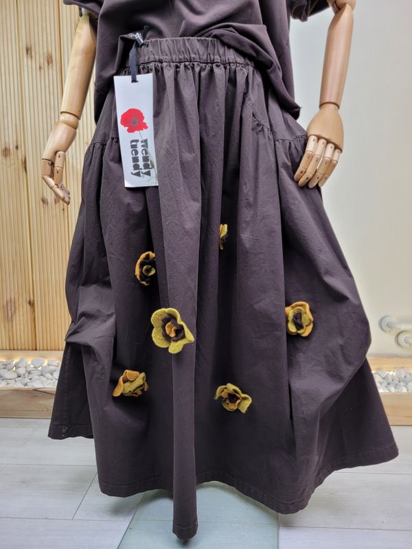 Chocolate Maxi Skirt with 3D Flowers - Wendy Trendy