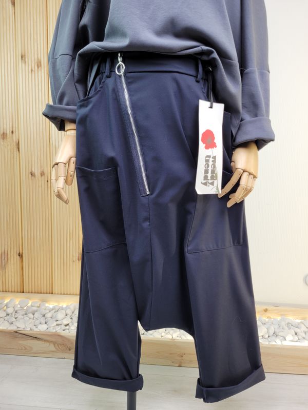 Navy Baggy Trousers with Zip - Wendy Trendy