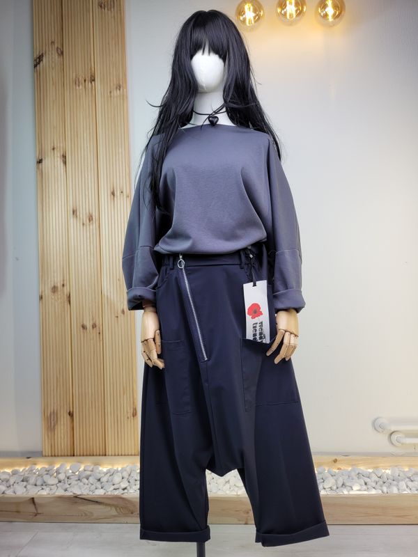 Navy Baggy Trousers with Zip - Wendy Trendy