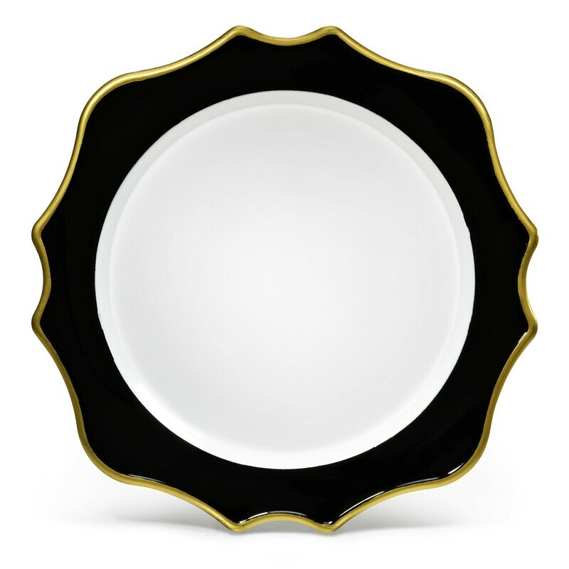 13'' Scalloped Design Charger Plate, White &amp; Black Gold Rim - 20 pcs