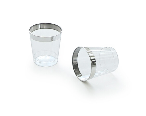 1 oz  Plastic Mini Shot / Kidush Cup, Clear Silver Rim