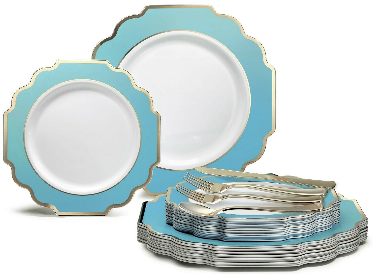Imperial in White / Turquoise blue &amp; Gold+ Gold Silverware