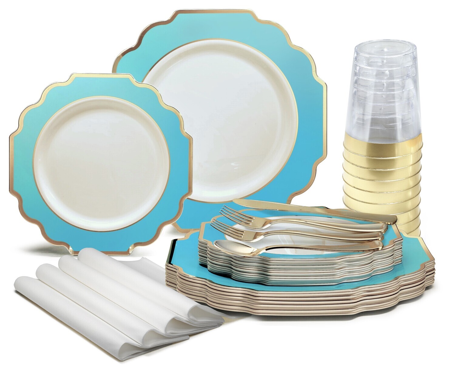Imperial White with Turquoise Blue &amp; Gold - Gold Silverware
