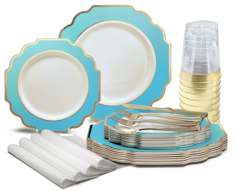 Imperial White with Turquoise Blue &amp; Gold - Gold Silverware