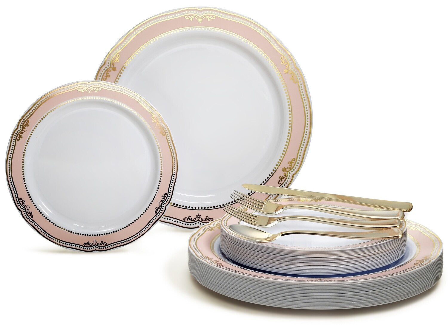 Scalloped White Blush &amp; Gold + Gold Silverware