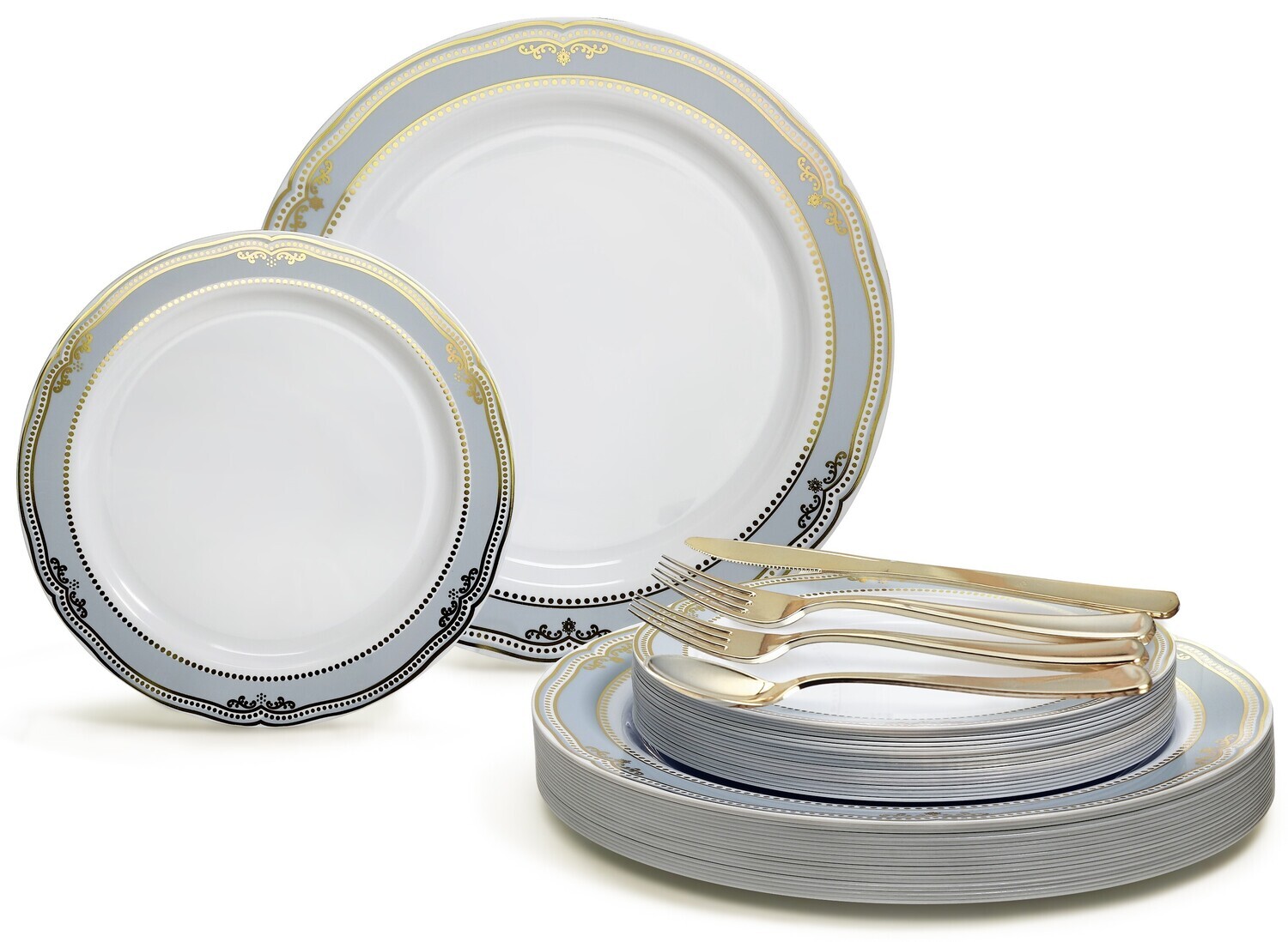 Scalloped White Blue &amp; Gold + Gold Silverware
