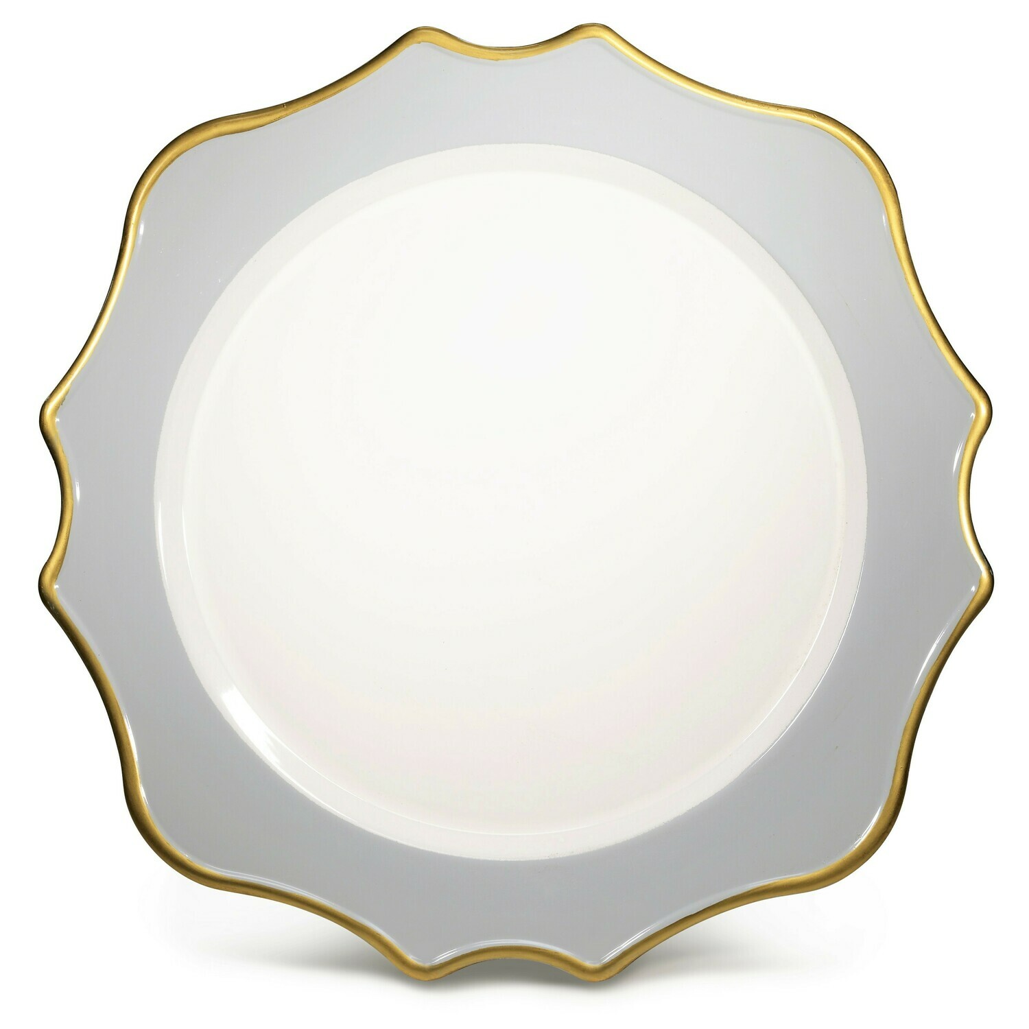 13'' Scalloped Design Charger Plate, White &amp; Dolphin Gray Gold Rim - 20 pcs