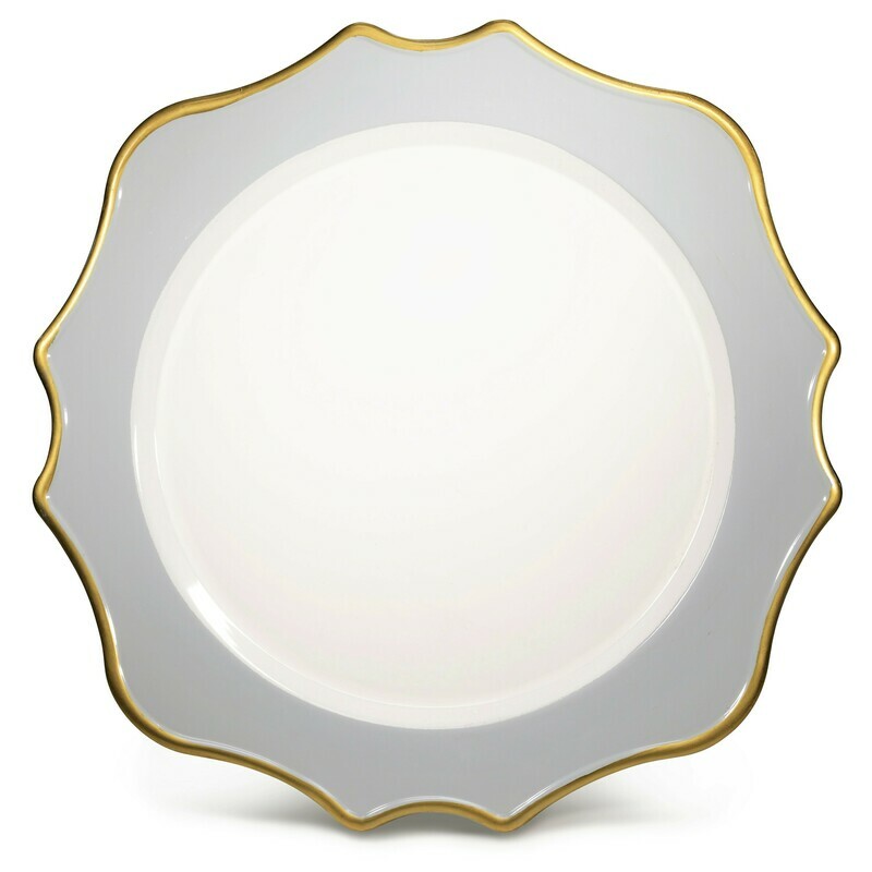 13'' Scalloped Design Charger Plate, White &amp; Dolphin Gray Gold Rim - 20 pcs
