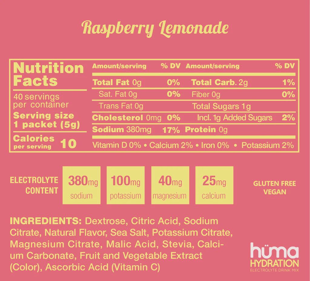 Huma Hydration Electrolyte Drink Mix Singles, Flavor: Raspberry Lemonade