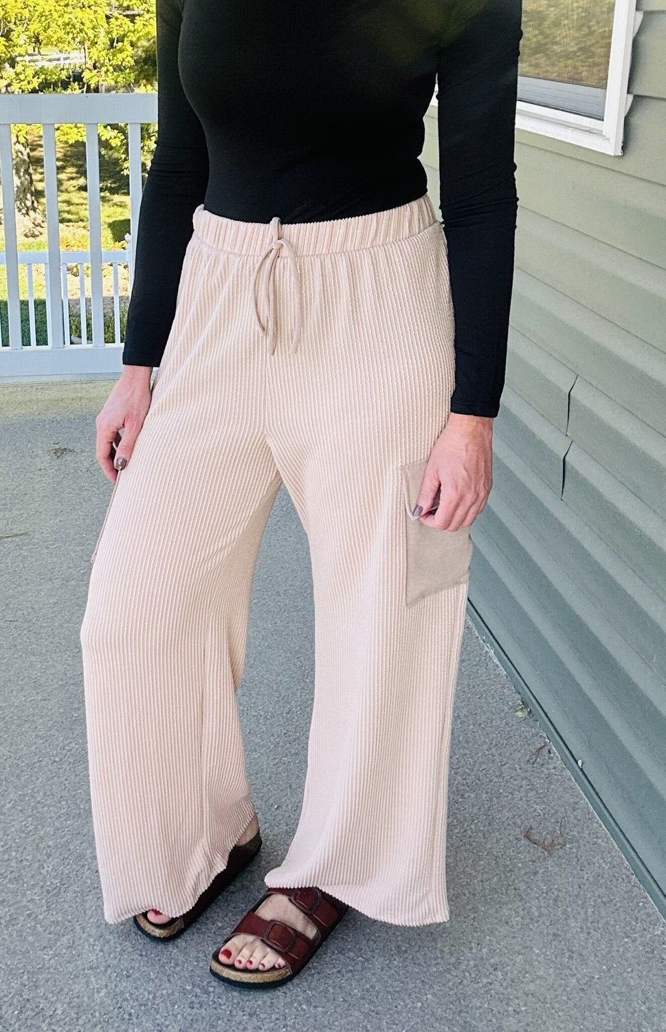 Beige Ribbed Casual Pants