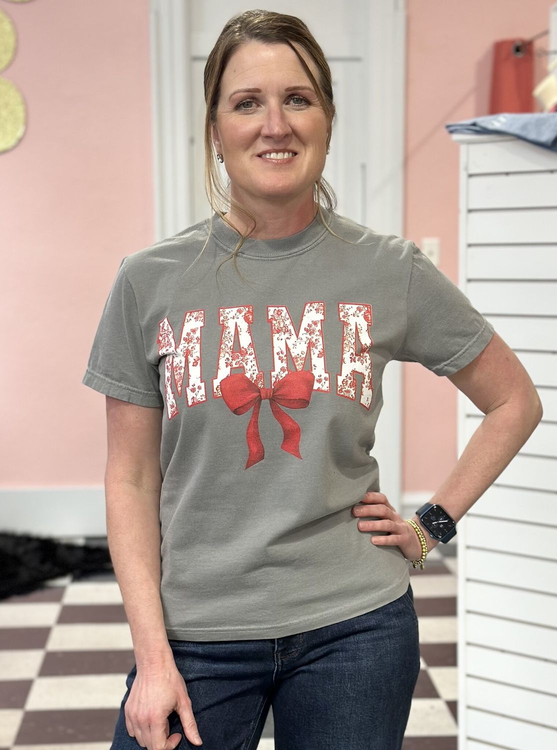 Mama Red Floral Bow Tee