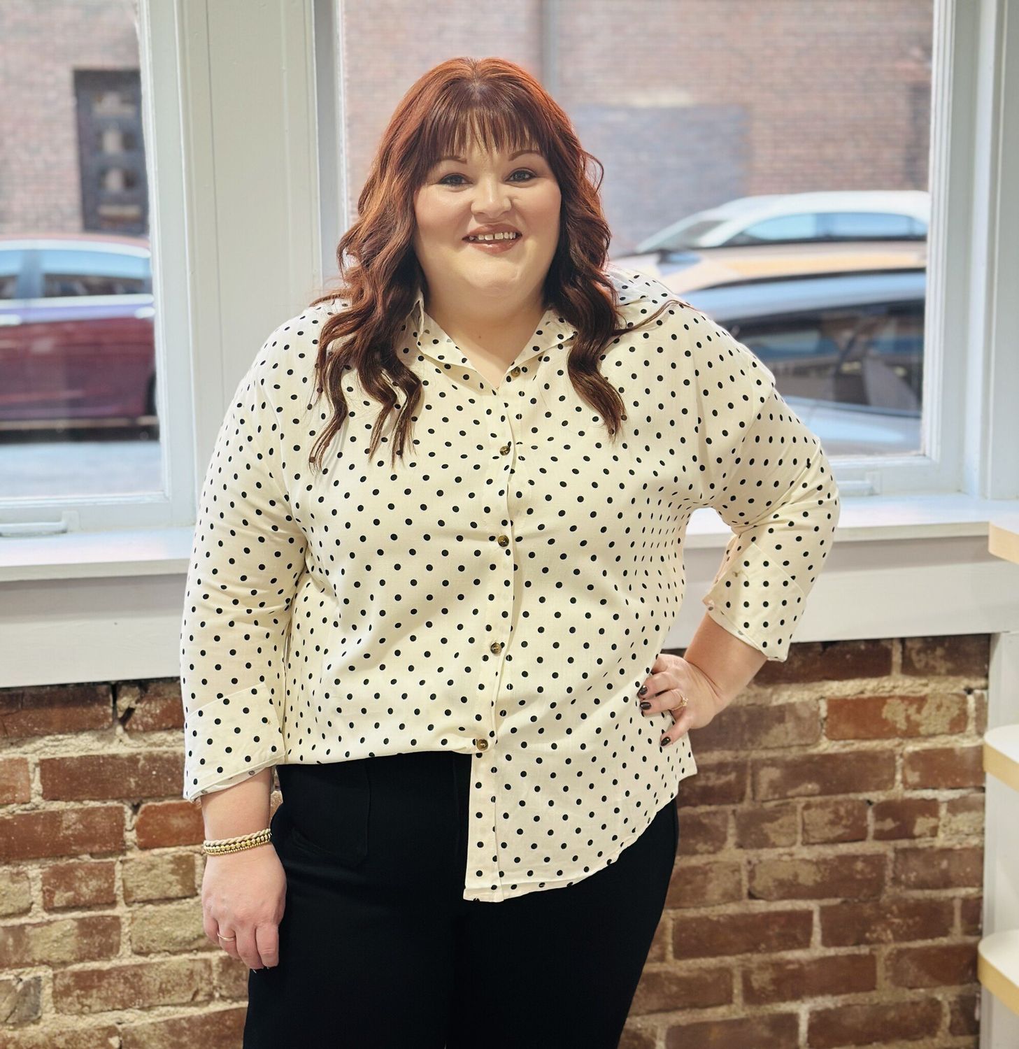 Kathryn Classic Button Up, Color: Ivory Dot, Size: XSmall